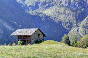 Fototapeta na wymiar A stone hut in the Walser town of Follu, among high mountains, pine forests and green pastures, in summer, in Val d'Otro valley, Alps mountains, Italy