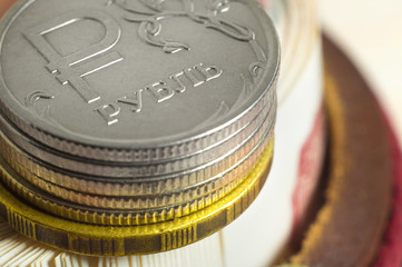 Business concept of rich, wealth, profit and finance. Background Russian rubles close-up. Stack of money coins