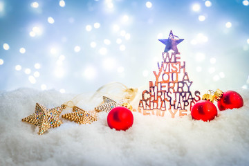 White christmas - christmas tree in snow, night with glowing stars in background, retro toned