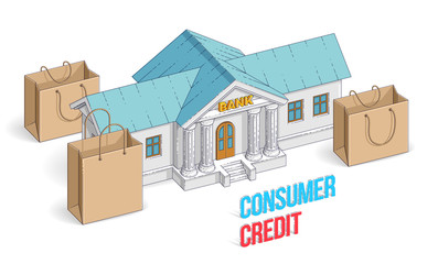 Consumer credit concept, bank building with shopping bags isolated on white background, banking theme. Isometric vector business and finance illustration, 3d thin line design.
