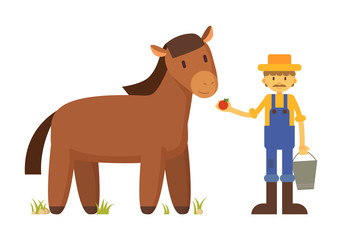 Farmer with Apple and Horse Cartoon Illustration