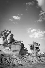 Black and white view of the rock formations Erosions of Bolnuevo ("Enchanted City" or "Las Gredas") Mazarron. Murcia, Spain
