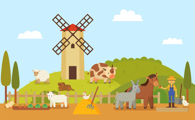 Obraz na płótnie Canvas Small Rural Farm or Ranch with Cartoon Characters