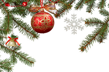 Obraz na płótnie Canvas Branches of natural fir tree with Christmas toys and ornament