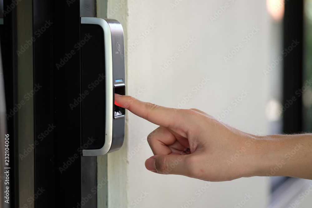 Poster Track Employee Hours Using Biometric Fingerprint Scanner. Security, Door access control, Validation, cybersecurity and fingerprint password, Future Technology. Business Safety Concept.