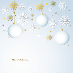 Christmas balls. Festive decorations. Snowflakes. White. Christmas background. Gold.