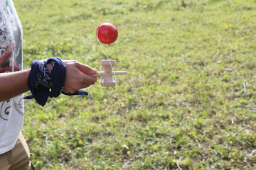 A young girl with a blue colored t-shirt holding a wooden kendama stick and playing with a red ball in a green grass lawn during a sunny summer