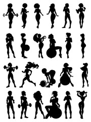 set of silhouette of sexy girls involved in sports on a white background, vector image