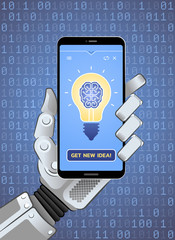 Get New Idea by Artificial Intelligence. Mechanical hand of a robot holding smartphone showing app with pictogram of a 'cybernetic lightbulb'. Illustration on the subject of 'Artificial Intelligence'.