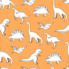 Hand drawn dinosaurs. Graphic vector seamless pattern. Orange background