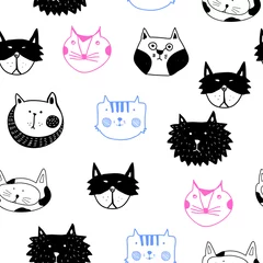 Wall murals Cats Hand drawn graphic colored cats. Vector doodle seamless pattern