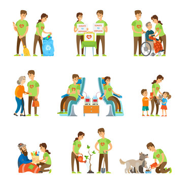 Volunteers and Charity Set Vector Illustration