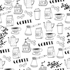 Hand drawn coffee elements. Graphic vector seamless pattern