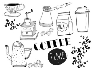 Hand drawn coffee elements. Graphic vector set
