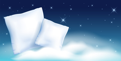 Two feather pillow against the starry night sky and cloud