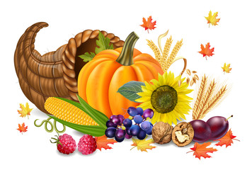 Fall harvest Vector realistic. Pumpkin, and sunflower. Autumn 3d detailed symbols illustrations