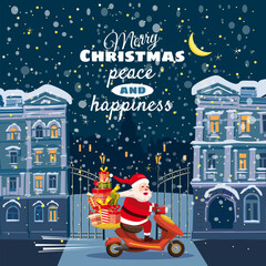 Merry Christmas and Happy New Year, Happy Santa Claus with a gifts box riding a scooter. Winter background, night town, snow. Christmas holiday theme design element for greeting cards, banners, ads in