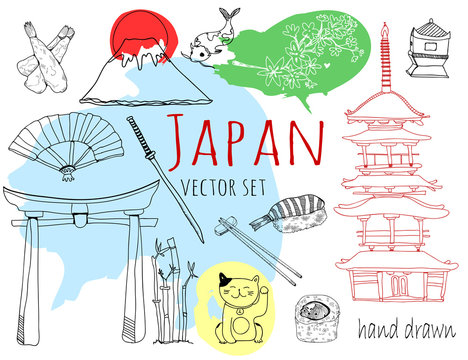 Hand drawn japanese symbols. Graphic colored vector set