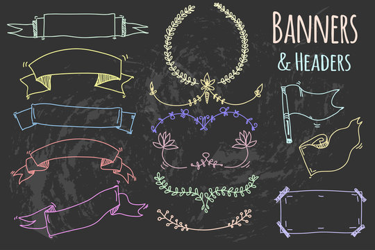 Hand drawn doodle banners and headers. Chalk style vector set