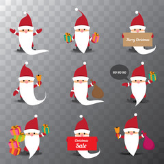 Set of christmas cartoon Santa Claus isolated on transparent background. vector illustration. Merry christmas background