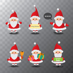 Set of christmas cartoon Santa Claus isolated on transparent background. vector illustration. Merry christmas background