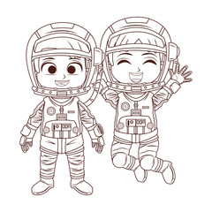 Happy astronaut kids in black and white