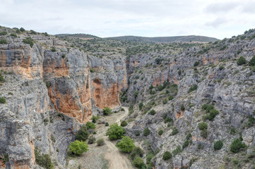 Fototapeta na wymiar The Barranco de la Hoz Seca (Dry Defile Gully) canyon, with scarps, bushes and red rocks, in a cloudy atumn, in the Jaraba rural town, Aragon, Spain