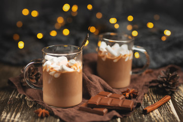 Rich winter hot chocolate with cinnamon sticks and walnuts, chocolate bars in a transparent mug on...