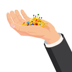 The hand that holds treasure gold, gems, diamonds, crown, gift. Cartoon style. The concept of delivery, victory, Christmas holiday, birthday, engagement, wedding. Vector, illustration, isolated