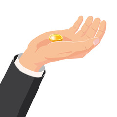 The hand that holds the gold coin, gift. Cartoon style. The concept of delivery, victory, Christmas holiday, birthday, engagement, wedding. Vector, illustration, isolated