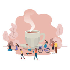 group of people cup of coffee avatar character