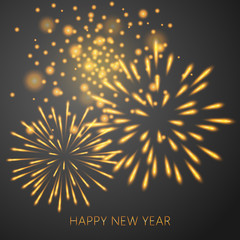 Beautiful Happy New Year greeting card with yellow glittering fireworks.
