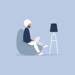 Fototapeta na wymiar Office furniture. Young indian manager sitting on the bean bag chair. Daily life. Flat editable vector illustration, clip art