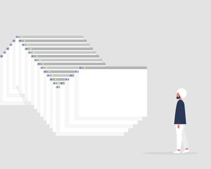 Indian Millennial male character working with the information. Data analysis. Browser tabs. New technologies. Internet. Flat editable vector illustration, clip art