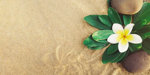 Zelfklevend Fotobehang bloem met kiezels op zand © Win Nondakowit