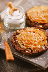 salted caramel with chocolate cookies and salt flakes  Fleur de sel