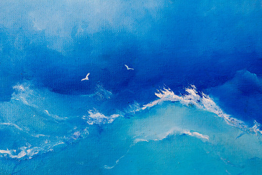 Sea painting. Waves and seagulls on canvas oil painting for the background of a major stroke.