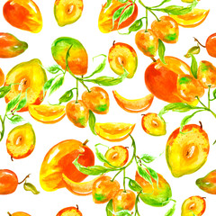 Watercolor seamless pattern, background with a pattern of tropical mango fruit. Mango tropical fruits on branches with leaves, slices