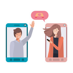 young couple in smartphone with speech bubble