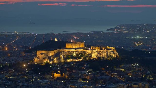 Parthenon of Athens at dusk time, Greece. Zoom out shot