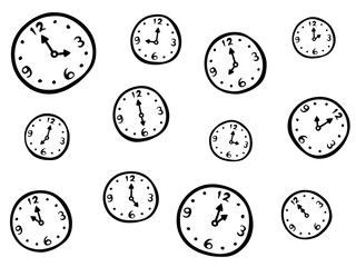 Set of time in drawing style. Cartoon clocks in doodle. Wallpaper seamless pattern background.
