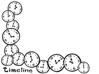 Set of time in drawing style. Cartoon clocks in doodle. Abstract wallpaper design ideas.