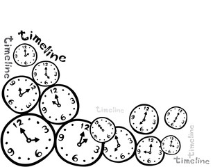Set of time in drawing style. Cartoon clocks in doodle. Abstract wallpaper design ideas.