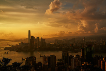 sunset skyline at braema hill in hong kong