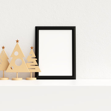 Mock Up Poster Frame Interior Scandinavian Christmas Winter Decoration, 3D Rendering, 3D Illustration