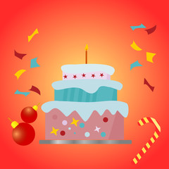 Greeting big cake and candles. Concept Birthday or Christmas. Vector illustration