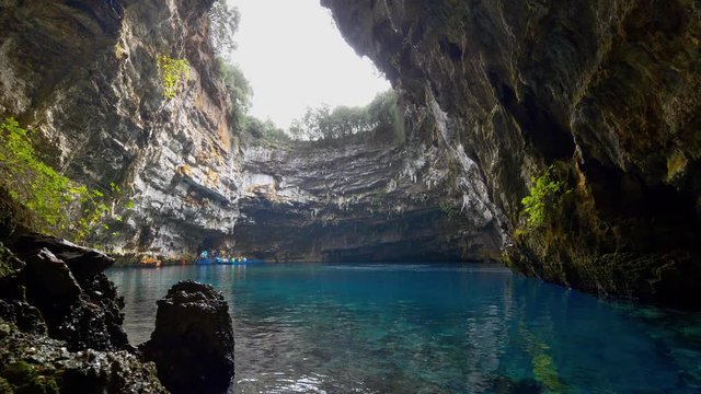 Melissani lake on Kefalonia island, Greece. Gimbal shot, 4K