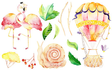 Handpainted  watercolor elements. Watercolor isolated elements included flamingo, air balloon, snail, leaves. Perfect for you postcard design, wallpaper, print, invitations, packaging etc. - 232113405