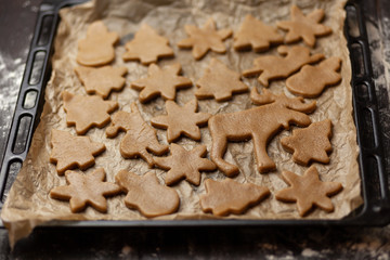 Figures Christmas trees, snowflakes from raw dough for holiday cookies
