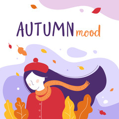 Girl Autumn mood illustration. Autumn concept Vector flat illustration. 